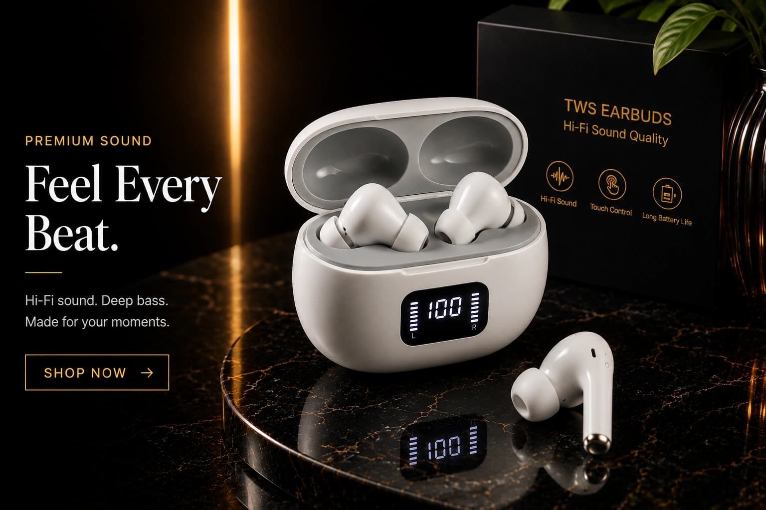 Wireless earbuds charging case with a digital LED battery display, earbuds resting inside
