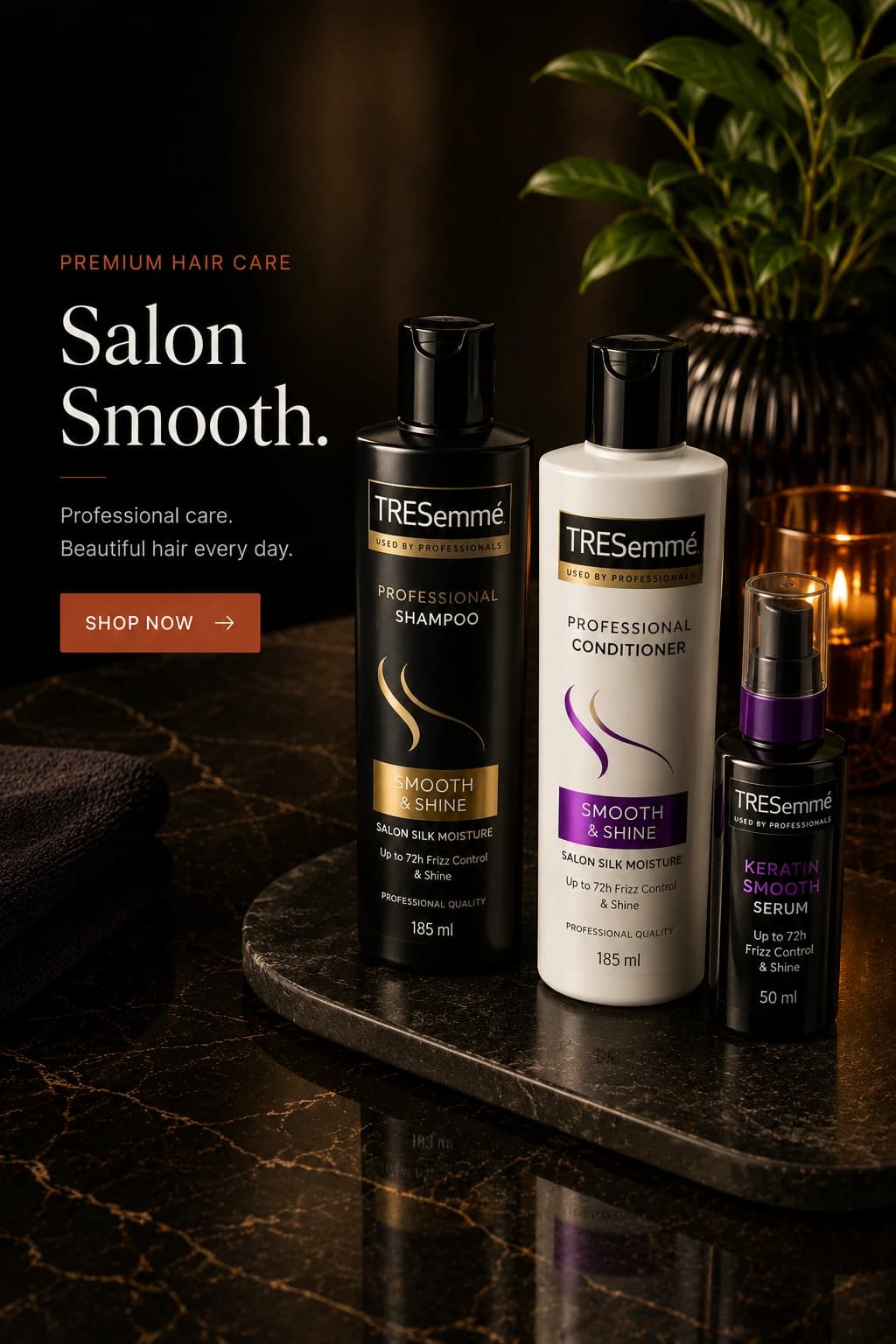 TRESemmé Professional Shampoo, Conditioner, and Keratin Smooth Serum grouped together