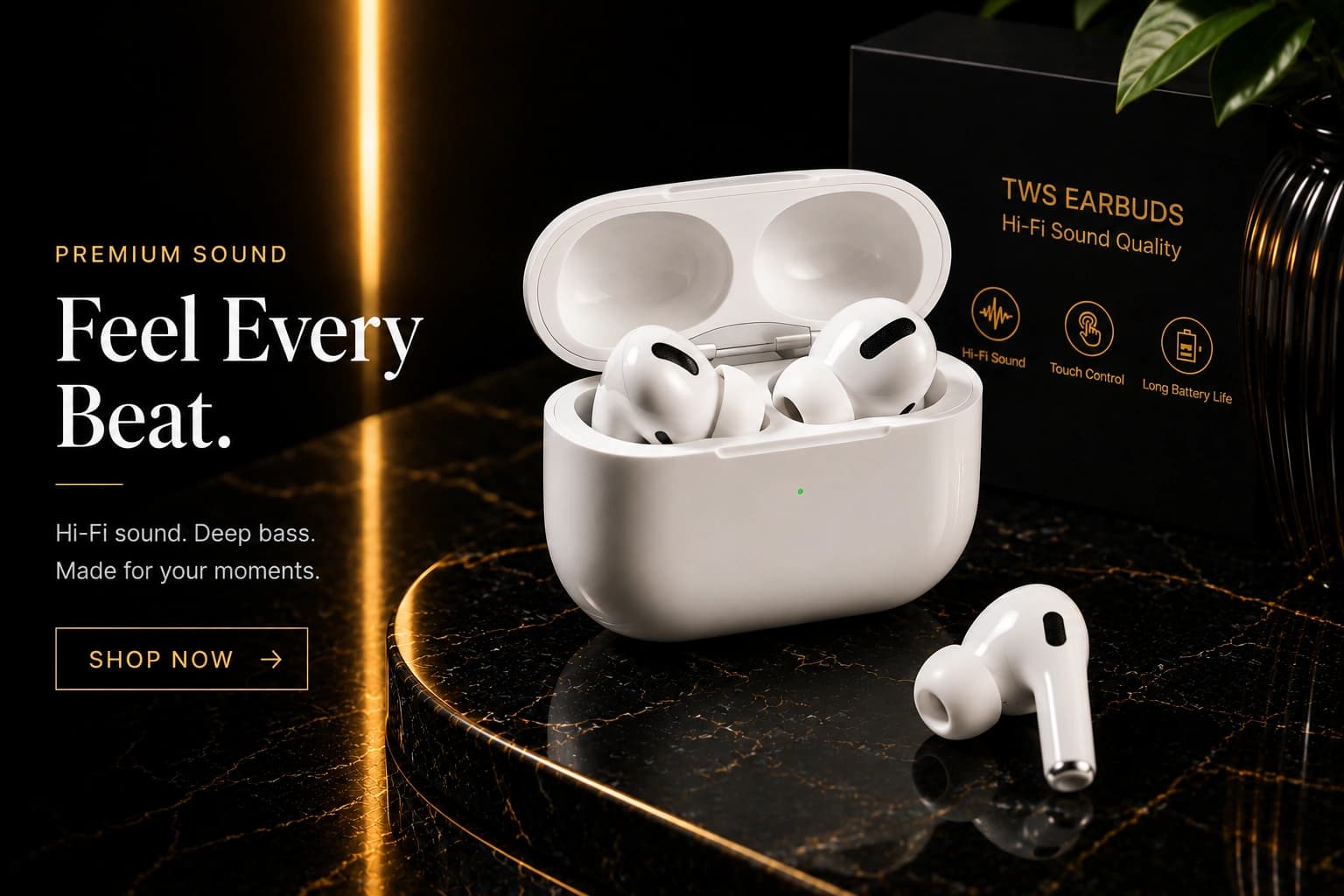 Glossy white wireless earbuds case open with earbuds resting inside, on a dark marble surface